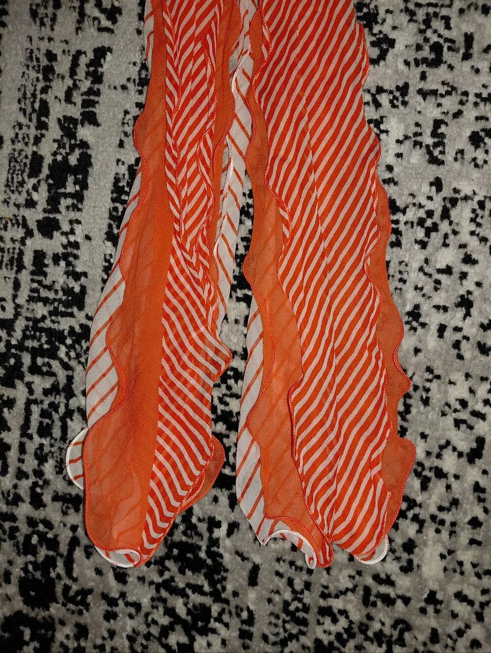 Lauren Ralph Lauren Silk Skinny Scarf Orange White Striped Ruffle 55” Preppy CC